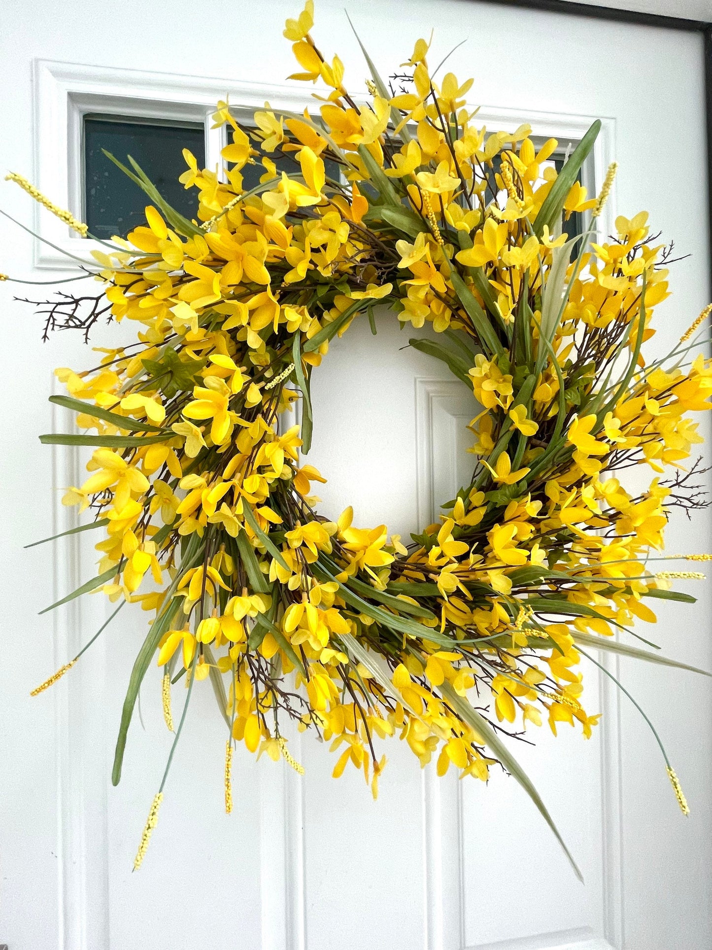 yellow forsythia wreath for front door, spring summer yellow wreath, spring forsythia wreath, farmhouse wreath, Easter wreath