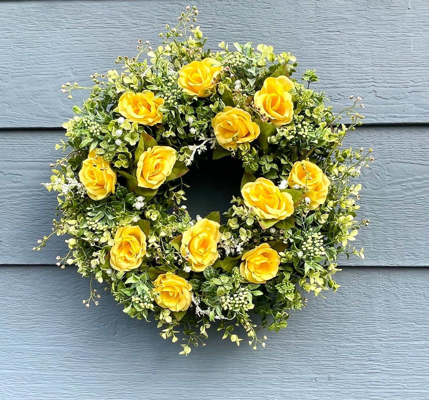 yellow roses eucalyptus wreath, mothers day wreath, fathers day wreath, summer eucalyptus wreath, cottage style wreath, boxwood wreath