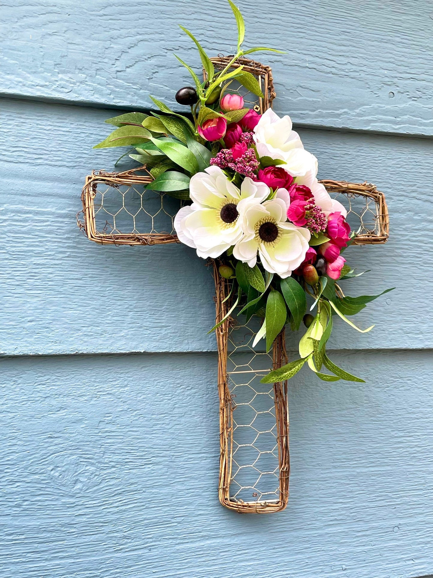 Easter cross wreath, spring chicken wire cross, cross door hanger, sympathy cross wreath, olive wreath, anemone berries wreath