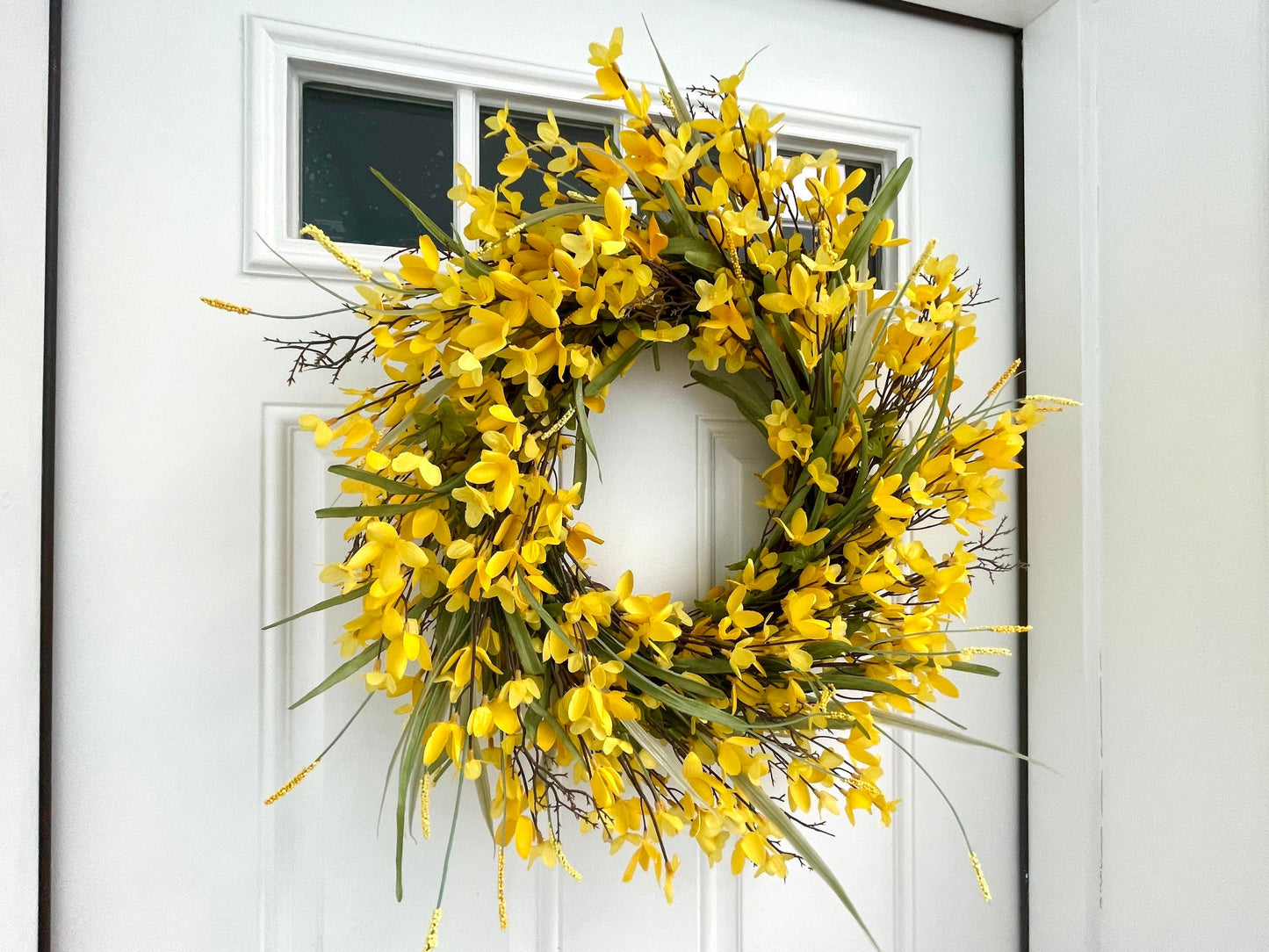 yellow forsythia wreath for front door, spring summer yellow wreath, spring forsythia wreath, farmhouse wreath, Easter wreath