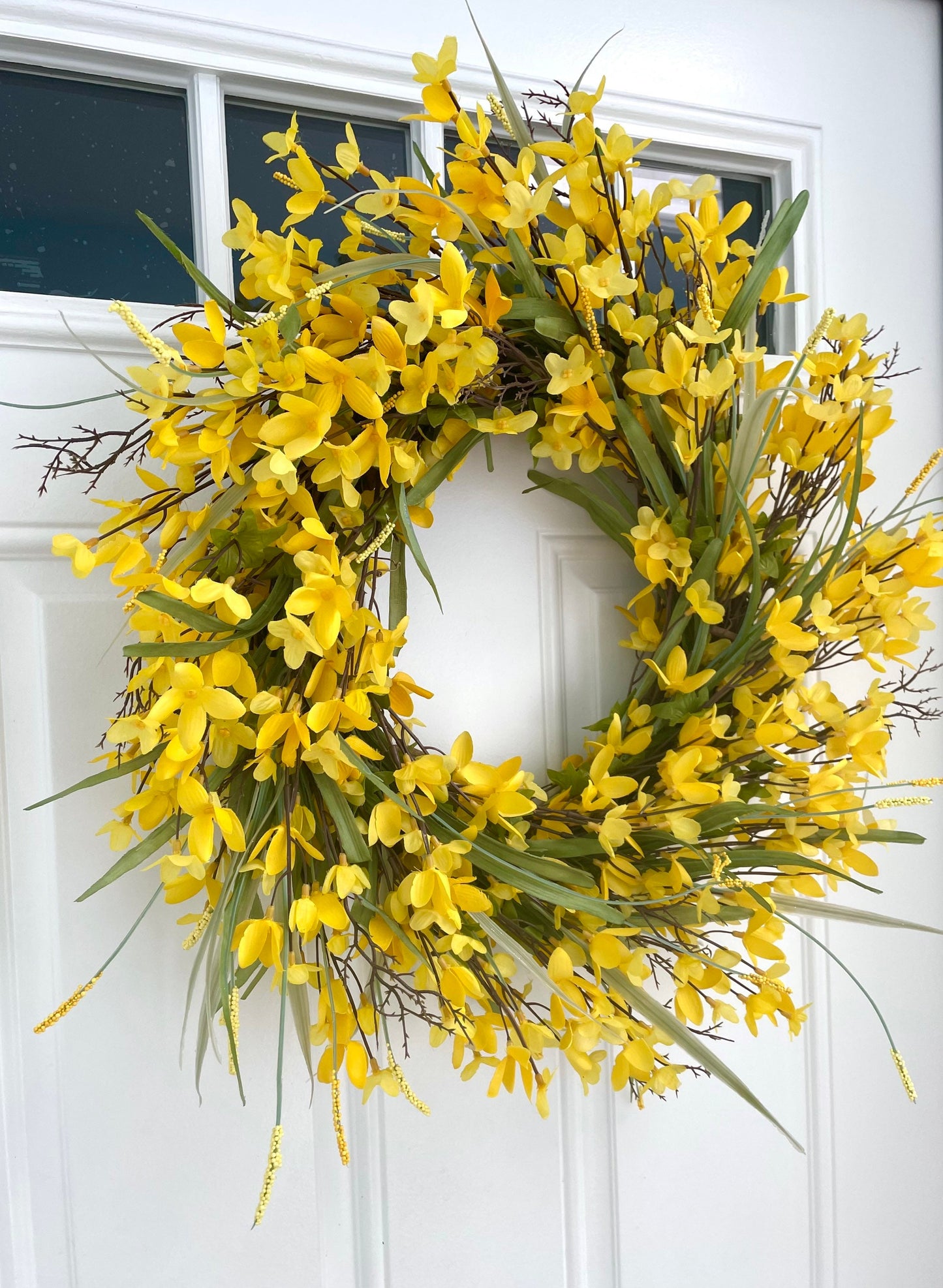 yellow forsythia wreath for front door, spring summer yellow wreath, spring forsythia wreath, farmhouse wreath, Easter wreath