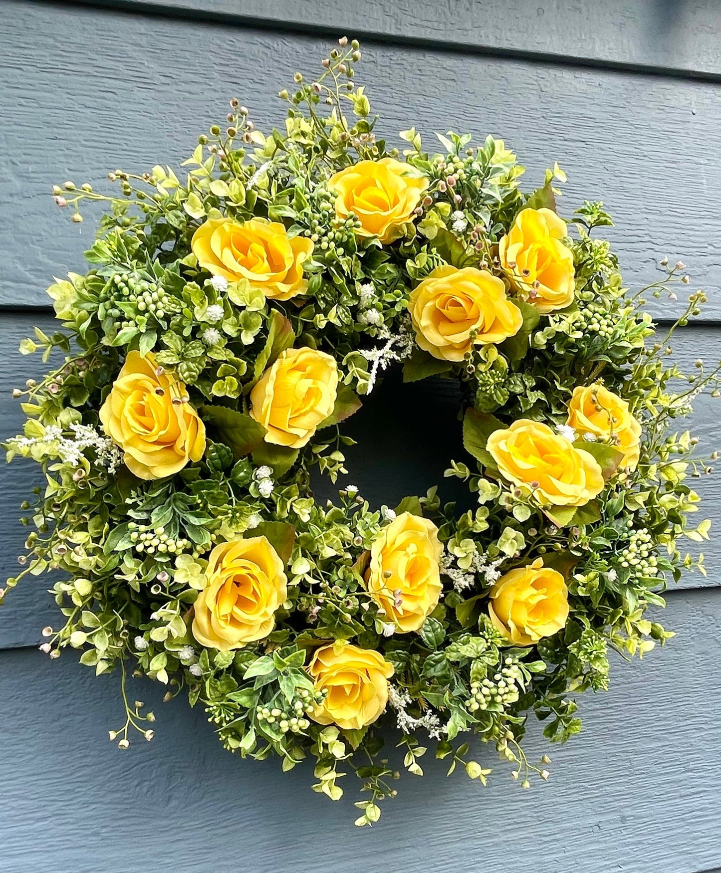 yellow roses eucalyptus wreath, mothers day wreath, fathers day wreath, summer eucalyptus wreath, cottage style wreath, boxwood wreath