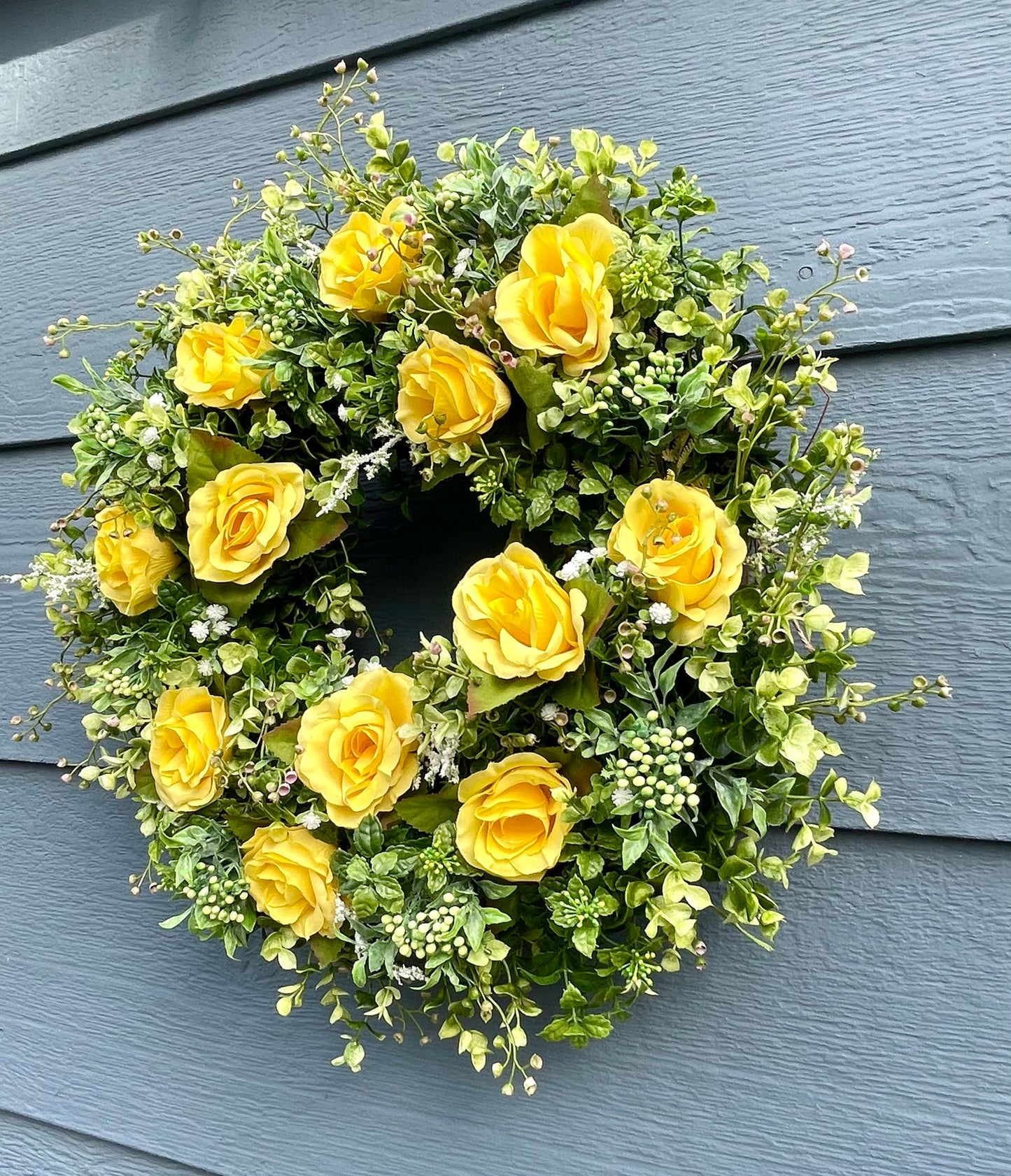 yellow roses eucalyptus wreath, mothers day wreath, fathers day wreath, summer eucalyptus wreath, cottage style wreath, boxwood wreath