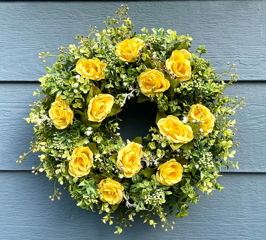 yellow roses eucalyptus wreath, mothers day wreath, fathers day wreath, summer eucalyptus wreath, cottage style wreath, boxwood wreath