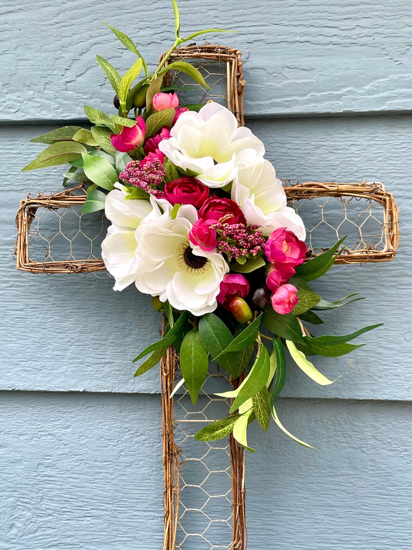 Easter cross wreath, spring chicken wire cross, cross door hanger, sympathy cross wreath, olive wreath, anemone berries wreath