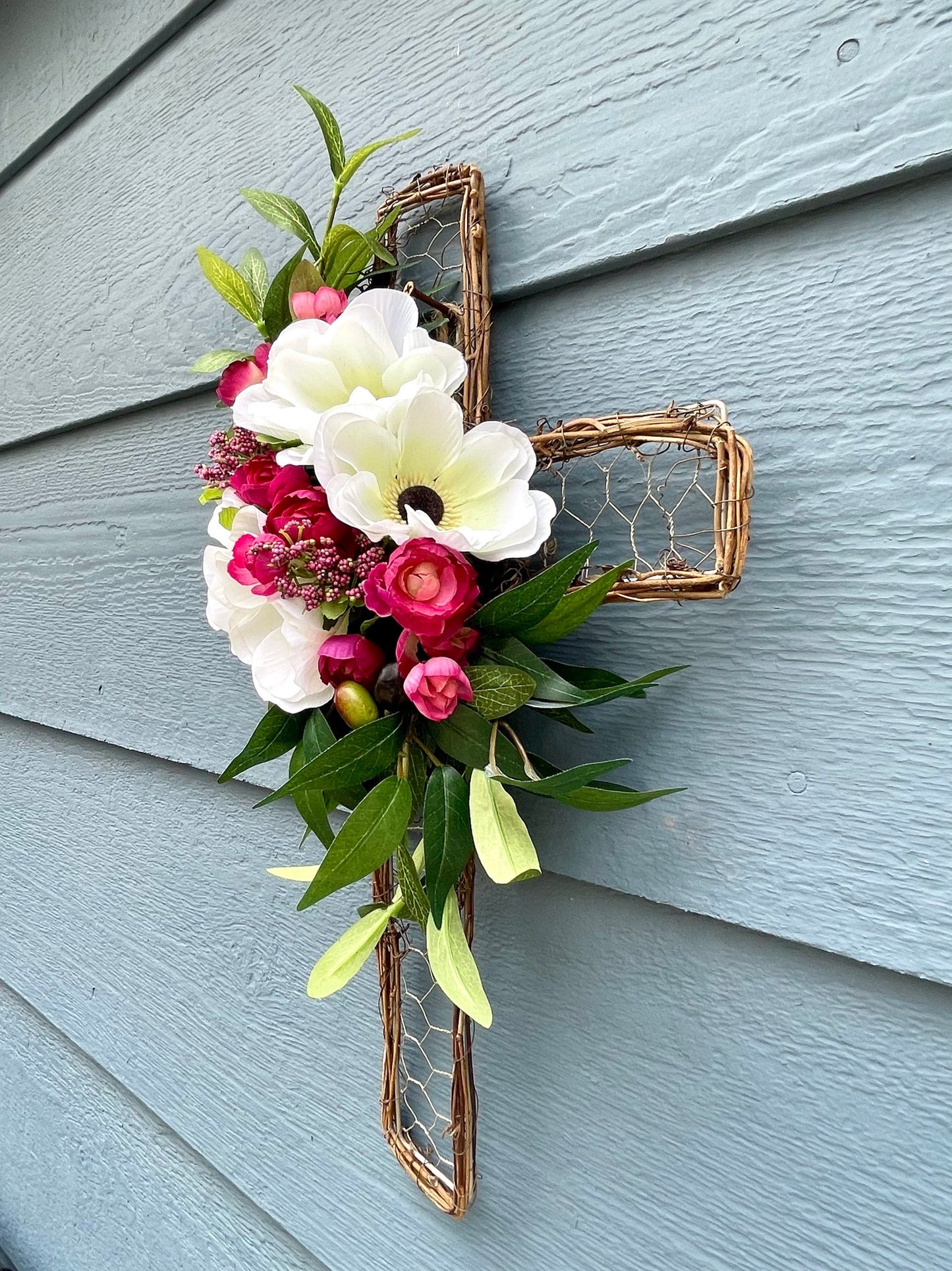 Easter cross wreath, spring chicken wire cross, cross door hanger, sympathy cross wreath, olive wreath, anemone berries wreath