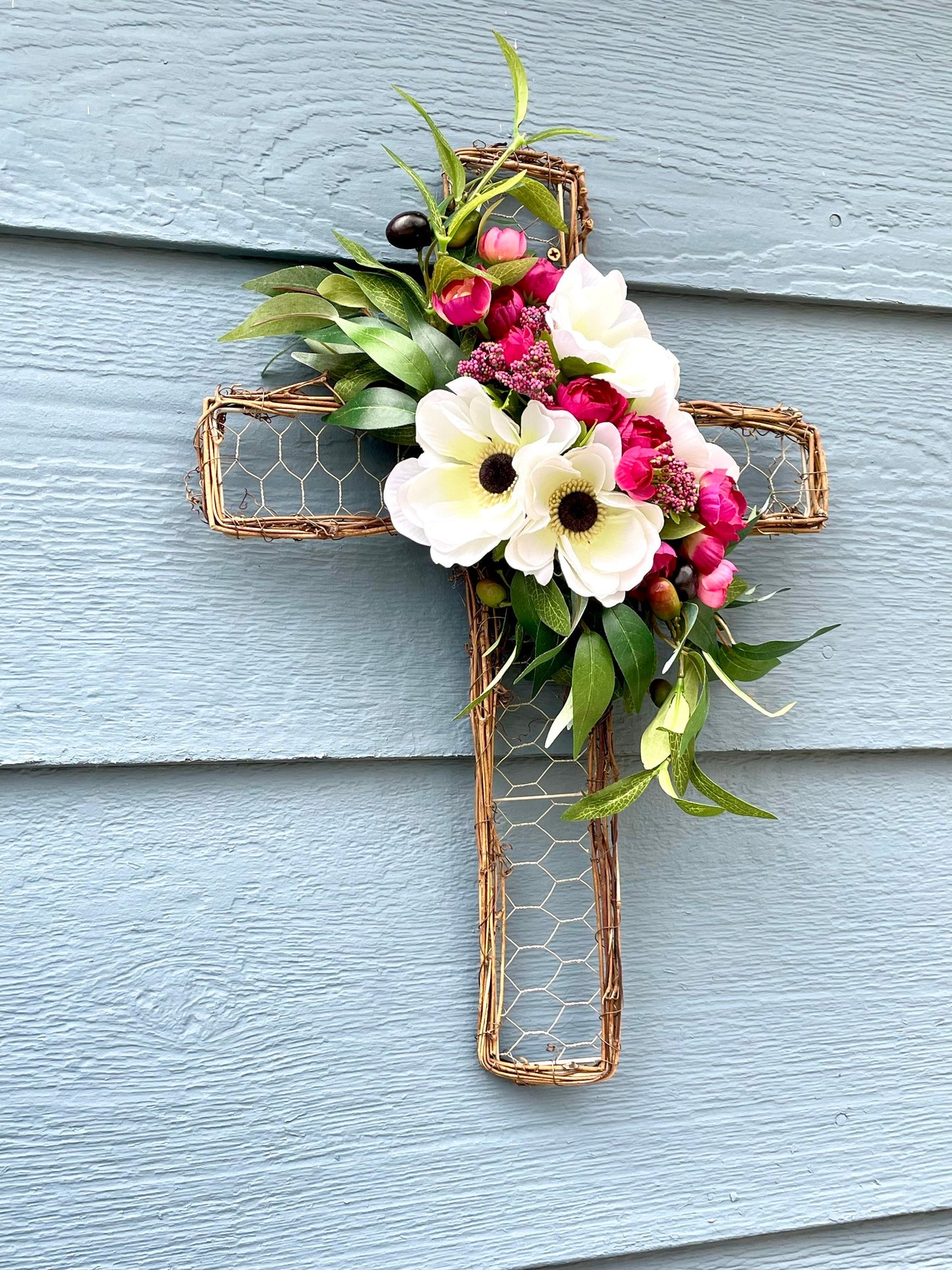 Easter cross wreath, spring chicken wire cross, cross door hanger, sympathy cross wreath, olive wreath, anemone berries wreath