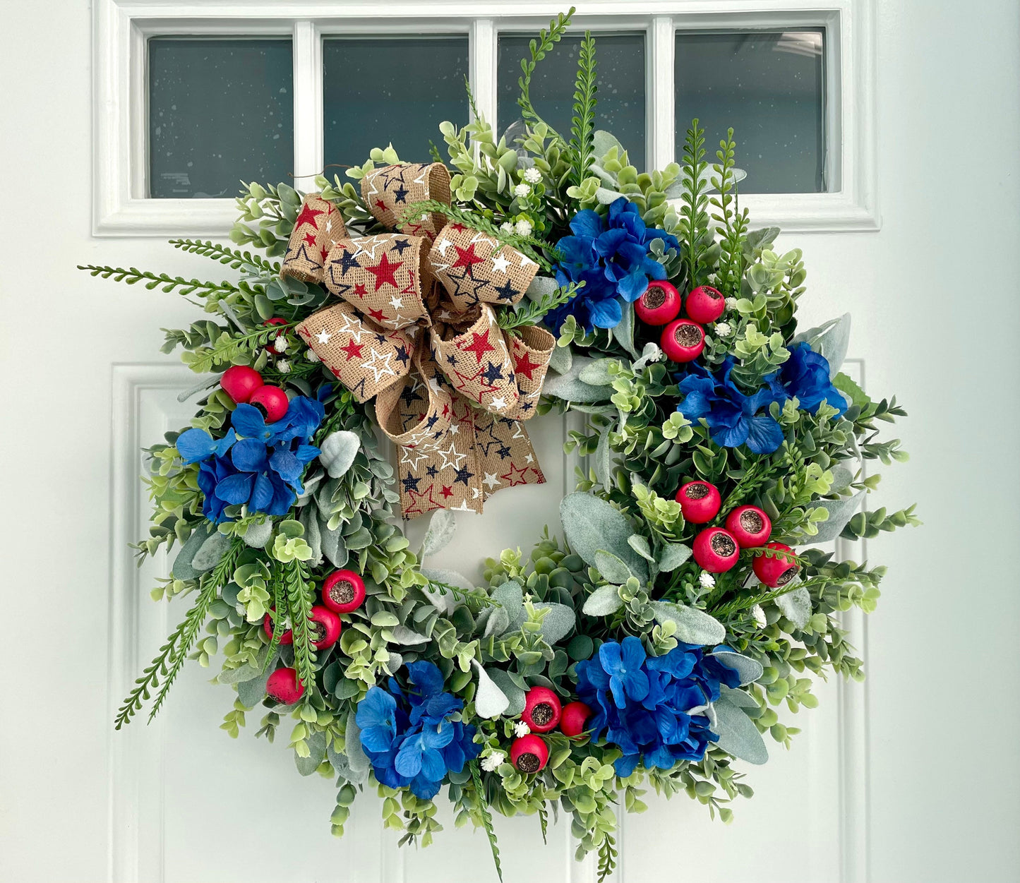 patriotic eucalyptus summer wreath, 4th of July wreath, memorial day wreath, red white blue wreath, Independence day wreath