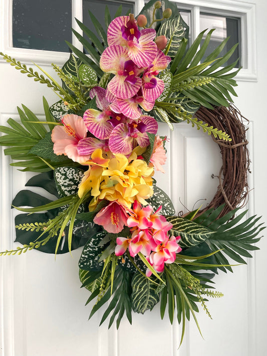 tropical orchid summer wreath for front door, plumeria wreath, Hawaiian hydrangea tropical wreath, pink hibiscus wreath, luau wreath