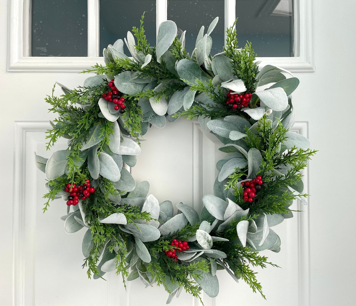 Lambs ear Christmas wreath for front door, red berry pine winter wreath, lambs ear and evergreen wreath, farmhouse Christmas wreath