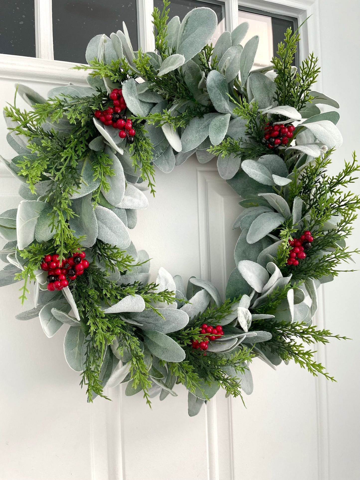 Lambs ear Christmas wreath for front door, red berry pine winter wreath, lambs ear and evergreen wreath, farmhouse Christmas wreath