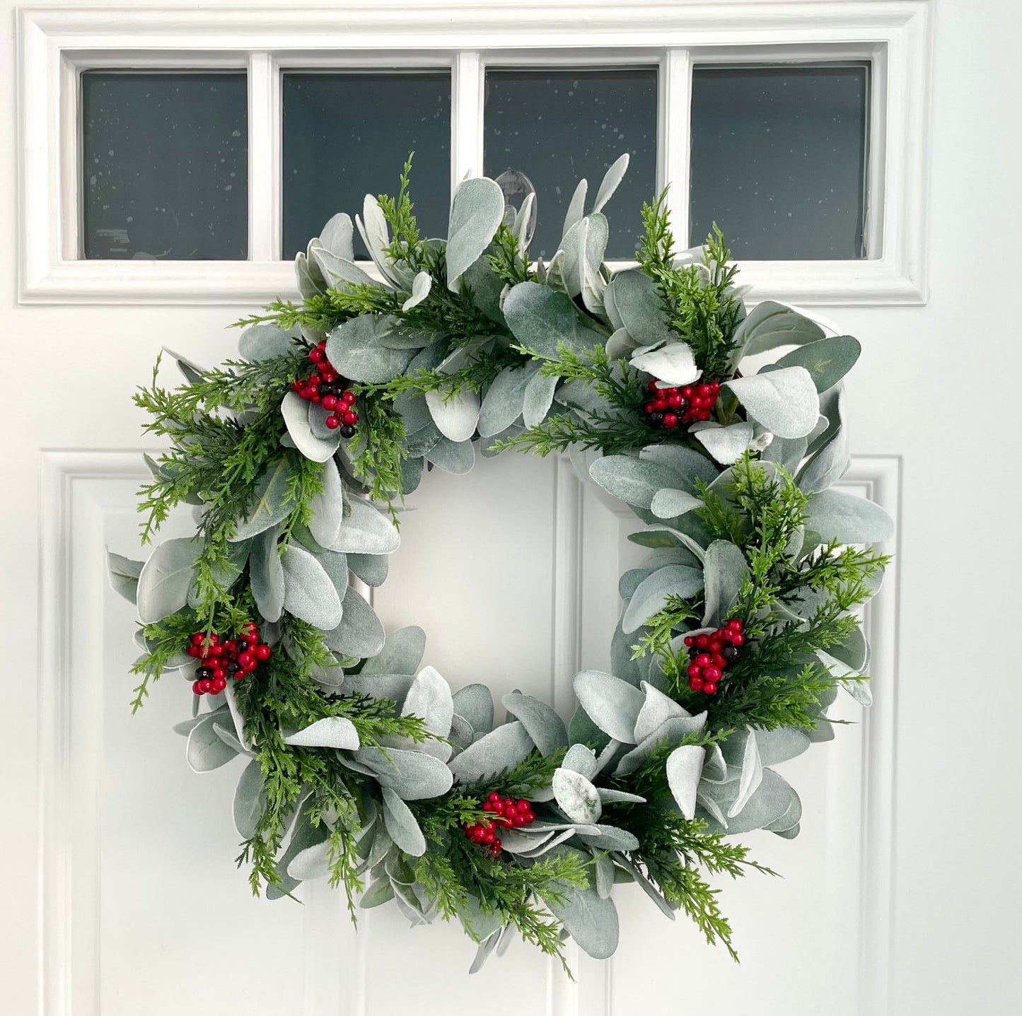 Lambs ear Christmas wreath for front door, red berry pine winter wreath, lambs ear and evergreen wreath, farmhouse Christmas wreath