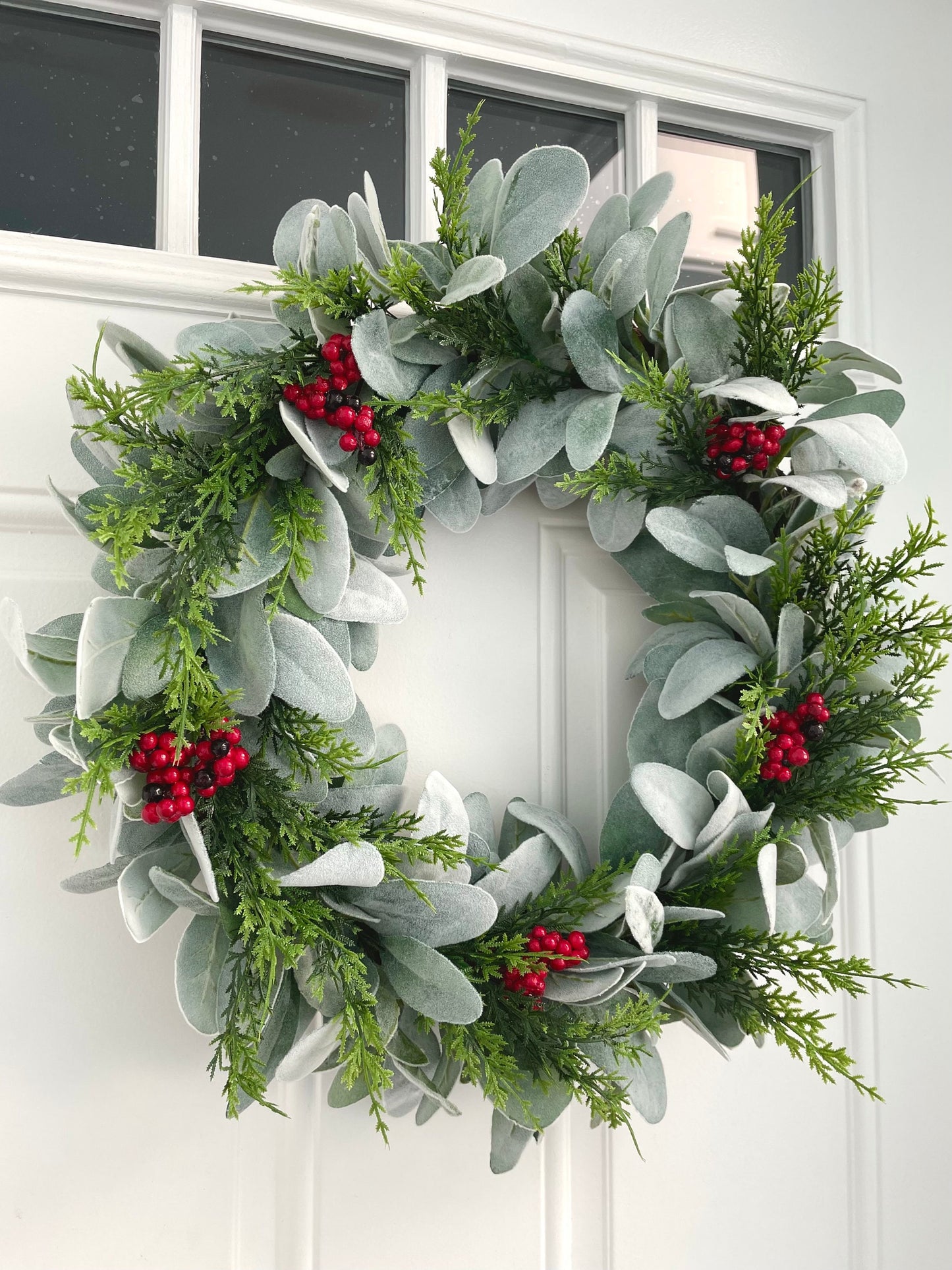 Lambs ear Christmas wreath for front door, red berry pine winter wreath, lambs ear and evergreen wreath, farmhouse Christmas wreath